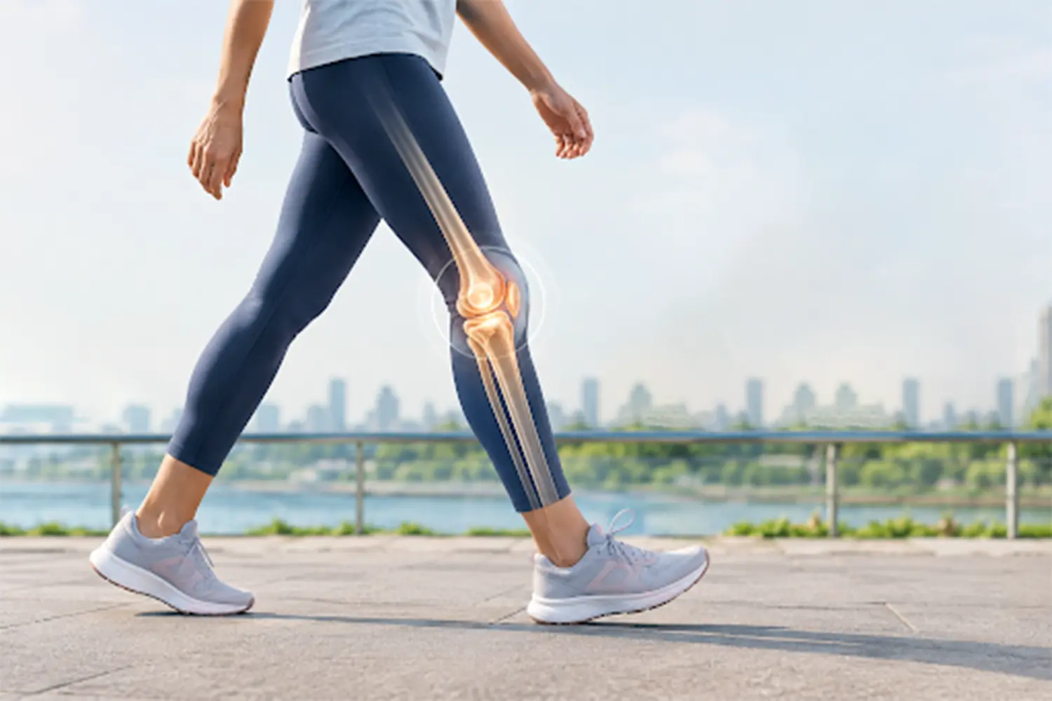 Medical illustration showing knee pain while walking