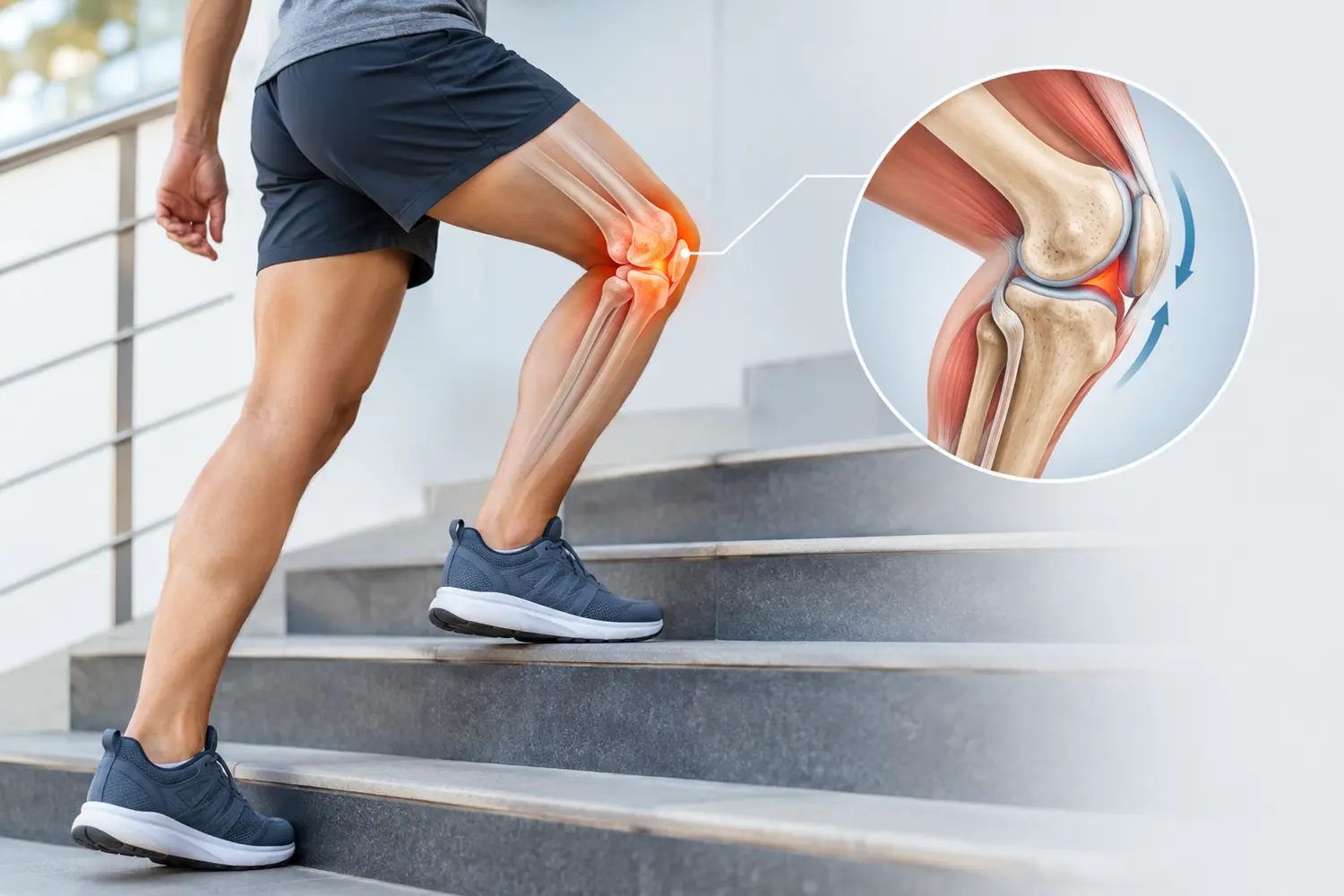 Medical illustration of knee pain when climbing stairs