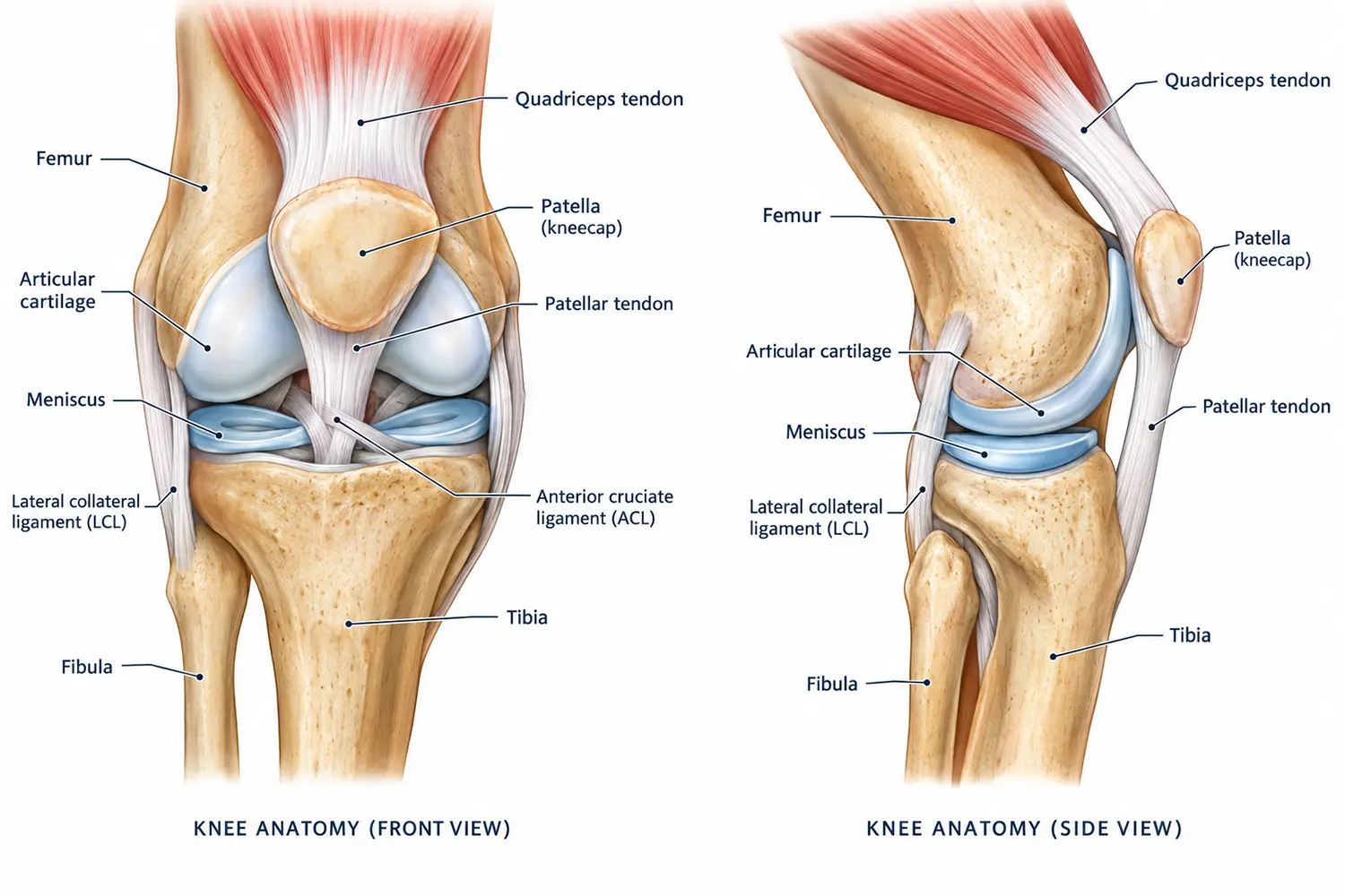 Knee anatomy showing cartilage, meniscus, ligaments and tendons